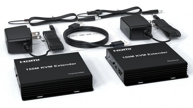 Alt view image 2 of 2 - (with US Plug)150M HDMI KVM Extender over RJ45 Lan Cat5e/6 Cable HDMI USB Ethernet KVM Extender Transmitter Support Keyboard Mouse for PC DVR