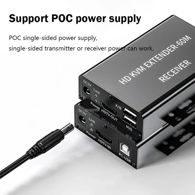 Alt view image 12 of 12 - 60M HDMI KVM Extender over Rj45 Cat5e/6 1080P HDMI USB KVM Ethernet Extender Transmitte Receiver Kit Support USB Mouse Keyboard(with UK Plug)