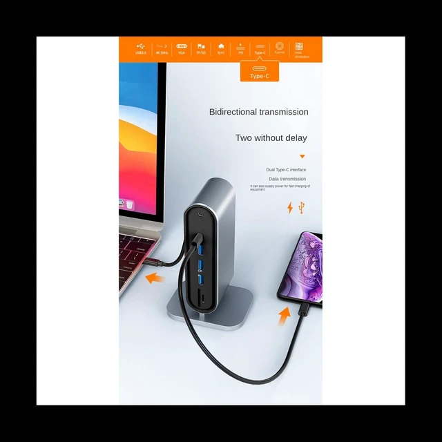 Alt view image 8 of 12 - 12 in 1 Type C HUB USB 3.0 Vertical Dock Station USB-C Splitter TF Reader Ethernet Adapter 4K PD 100W for Laptop PC