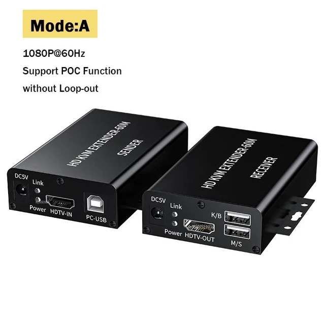 Alt view image 7 of 12 - 60M HDMI KVM Extender Over Single Cat5E/6 Ethernet Cable HDMI USB KVM Extender Transmitter Receiver Extension for Keyboard Mouse(UK Plug)
(Mode-A)
