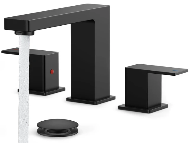 Alt view image 8 of 14 - Matte Black Bathroom Sink Faucet 3 Hole 8 Inch Widespread 2 Handle | All Required Install Parts Included, Separate HotCold Control, 95° Spout Cuts Splash By 49%, Black Bathroom Faucet 3 Hole