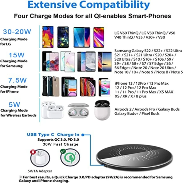 Alt view image 12 of 14 - 30W Wireless Charger Pad, Wireless Charge 30W, Fast Wireless Charger, Wireless Charging Compatible with Samsung Galaxy S23/S22/S21/S20, Fast Charger Compatible with iPhone 17/16/15/13/14/12 Series