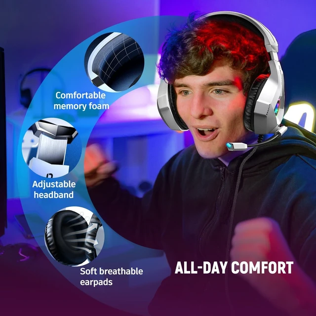 Alt view image 10 of 12 - Gaming Headset for PC, Ps4, Ps5, Xbox Headset with 7.1 Surround Sound Gaming Headphones with Noise Canceling Mic, LED Light Over Ear Headphones for Switch, Xbox Series X/S, Laptop, Mobile White
