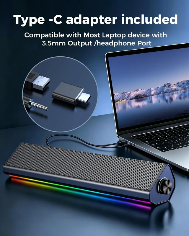 Alt view image 12 of 14 - Computer Speakers for PC and Laptop, Under Monitor Sound Bar, Black | Wired USB power, 3.5mm aux audio, slim under-monitor design, USB-C adapter, for PC laptop office gaming