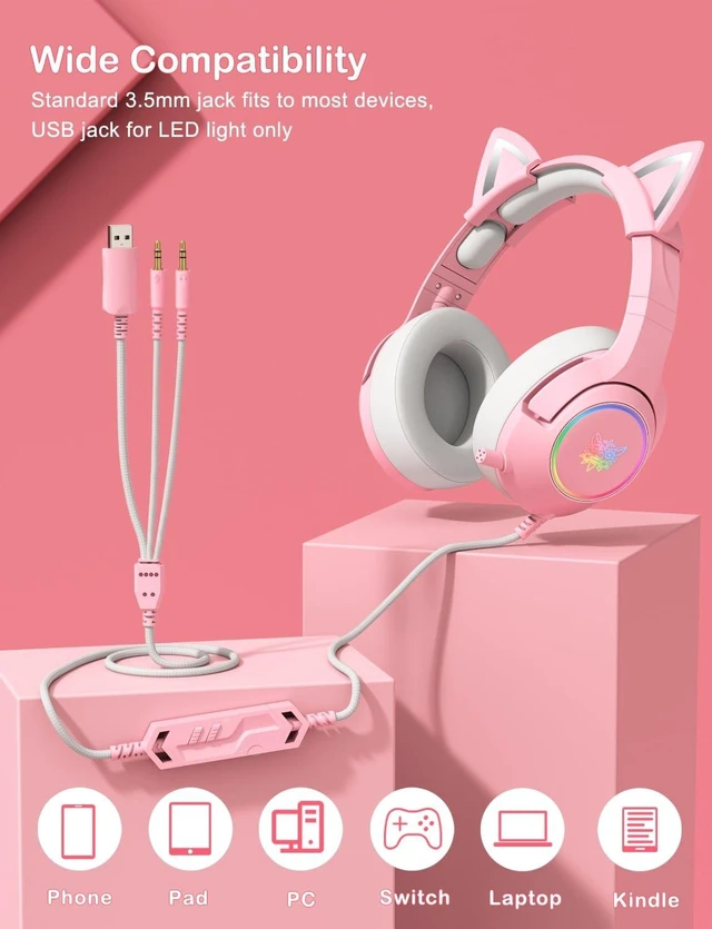 Alt view image 7 of 7 - Gaming Headset Wired 3.5mm Headphones 50mm Stereo Surround Sound Removable Cat Ears RGB Retractable Noise-Canceling Microphone Adjustable Memory Foam Ear Pads For PC/PS4/PS5/Mobile A Pink