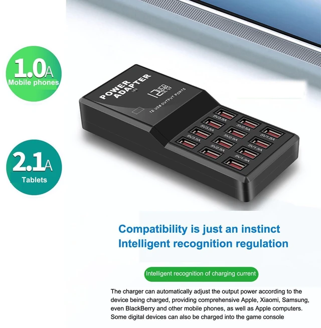 Alt view image 19 of 20 - USB Charger Station,12-Port 60W Multiple USB Charging Station,Multi Ports Charger Charging for SmartphonesTabletsand Other Devices.