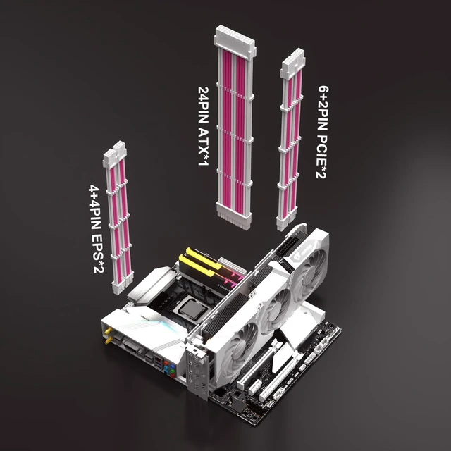 Alt view image 12 of 14 - PSU Extension Cable Kit - Custom Sleeved Power Supply Mod for Girl's PC Build 16AWG 1x24Pin ATX/2x8 (4+4) Pin EPS CPU/2x8 (6+2) Pin PCI-E GPU 5PCS Pink&White