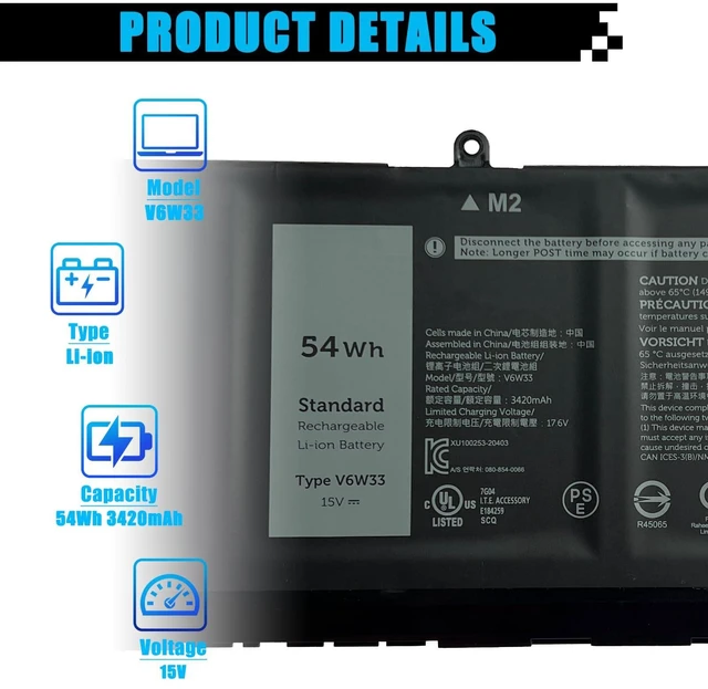 Alt view image 9 of 14 - V6W33 Laptop Battery Replacement for Dell Inspiron 3510 3511 3515 5310 5410 5418 5510 5515 5518 Latitude 3320 3520 3420 Vostro 3510 3515 3511 5510 5410 Series Laptop TN70C G91J0 15V 54Wh