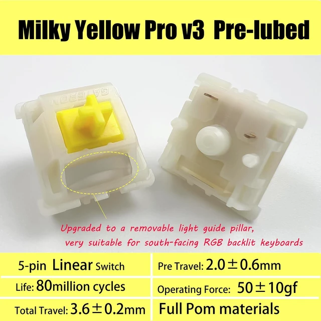 Alt view image 9 of 14 - Gateron Milky Yellow Pro V3 Keyboard Switches, Pre-Lubed 5-Pin Linear Switches with Light Guide Pole for MX Mechanical Gaming Keyboard (72Pcs)