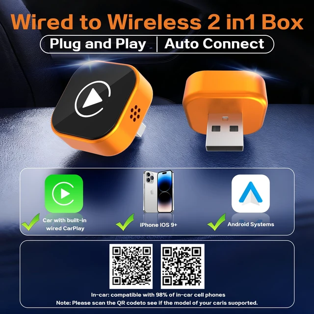 Alt view image 2 of 7 - 2026 Wireless CarPlay Adapter for iPhone,2 in 1 for Apple Carplay and Android Auto Adapter,Mini carplay Wireless Adapter Convert Wired to Wireless, Plug & Play, USB to USB-C/Type-C (Orange)