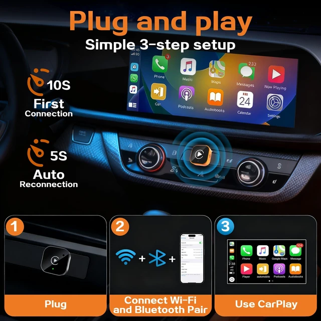Alt view image 6 of 7 - 2026 Wireless CarPlay Adapter for iPhone,2 in 1 for Apple Carplay and Android Auto Adapter,Mini carplay Wireless Adapter Convert Wired to Wireless, Plug & Play, USB to USB-C/Type-C (Orange)