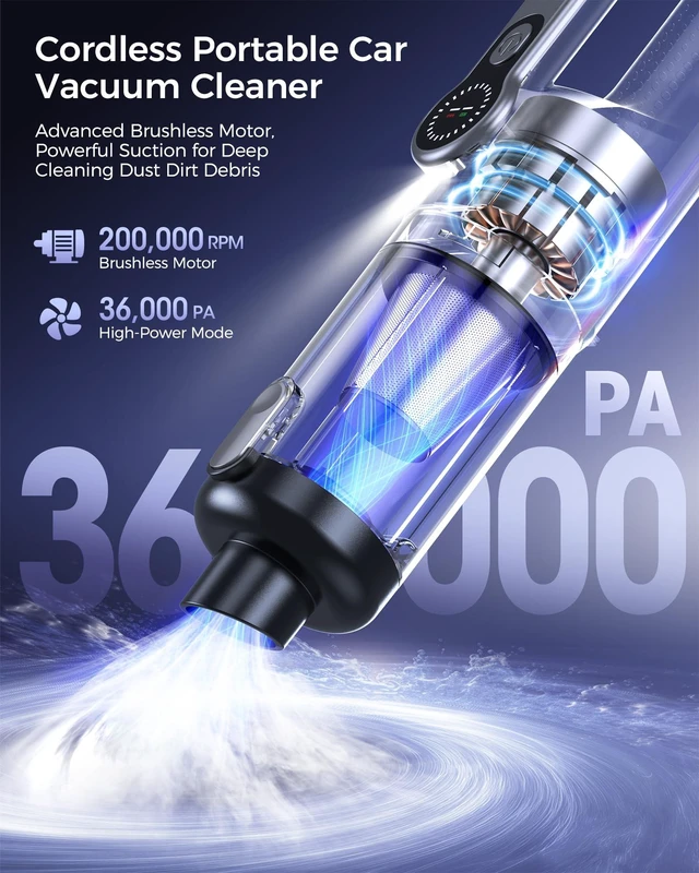 Alt view image 2 of 7 - FAOGO Cordless Handheld Vacuum Cleaner, 2-in-1 Vacuum & Blower, 36000Pa Suction Brushless Motor, Car Vacuum with LED Light, Lightweight, Portable for Car, Home, Office and Outdoor Use, Carbon Black