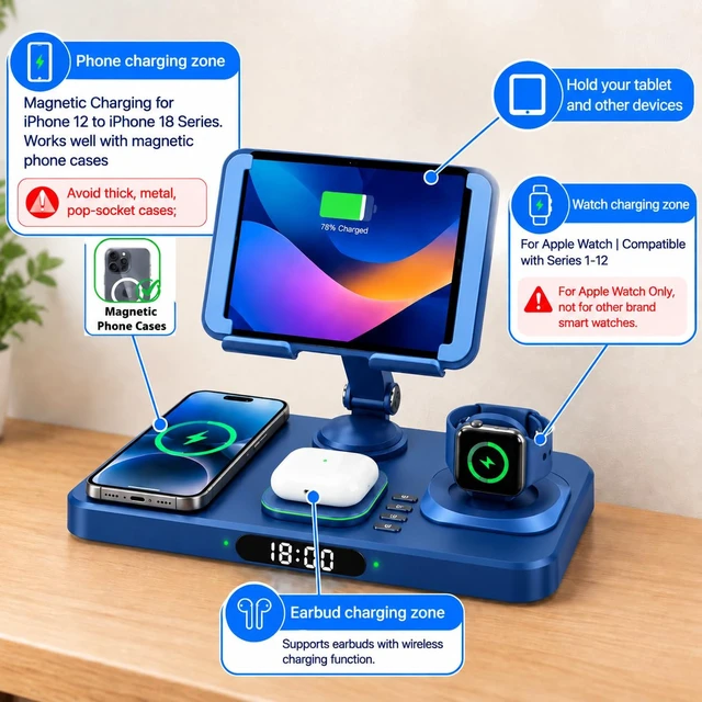 Alt view image 3 of 7 - Wireless Charging Station for Apple Devices, Only for Apple Watch Charging | 30W Foldable Compact 6-in-1 Charger for iPad, 180° LeftRight Rotation, Adjustable Metal Stand Height Safeguard Spine&Neck