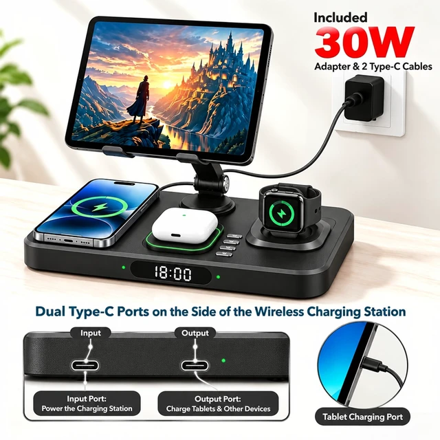 Alt view image 4 of 7 - Wireless Charging Station for Apple Devices, Only for Apple Watch Charging | 30W Foldable Compact 6-in-1 Charger for iPad, 180° LeftRight Rotation, Adjustable Metal Stand Height Safeguard Spine&Neck
