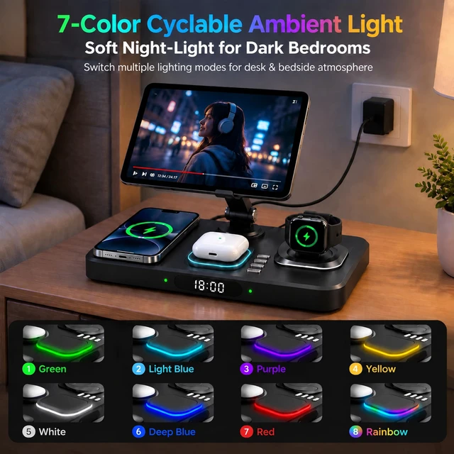 Alt view image 5 of 7 - Wireless Charging Station for Apple Devices, Only for Apple Watch Charging | 30W Foldable Compact 6-in-1 Charger for iPad, 180° LeftRight Rotation, Adjustable Metal Stand Height Safeguard Spine&Neck