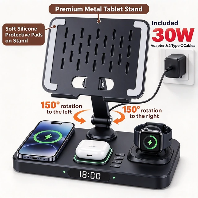 Alt view image 7 of 7 - Wireless Charging Station for Apple Devices, Only for Apple Watch Charging | 30W Foldable Compact 6-in-1 Charger for iPad, 180° LeftRight Rotation, Adjustable Metal Stand Height Safeguard Spine&Neck