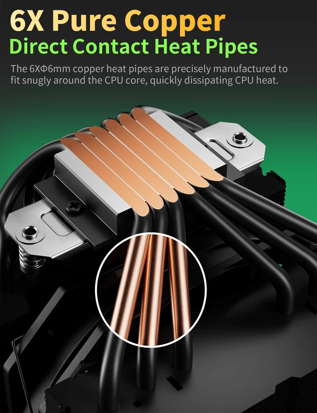 Alt view image 9 of 14 - CPU Air Cooler with 6X6mm Heat Pipes,Dual 120mm Fan CPU Cooler 1600rmp,CPU Cooler AMD AM5/AM4/AM3 Series,CPU Air Cooler 6.22 Height Compatible with Intel LGA 1851/1700/1155/1156/2011/2066(Black)