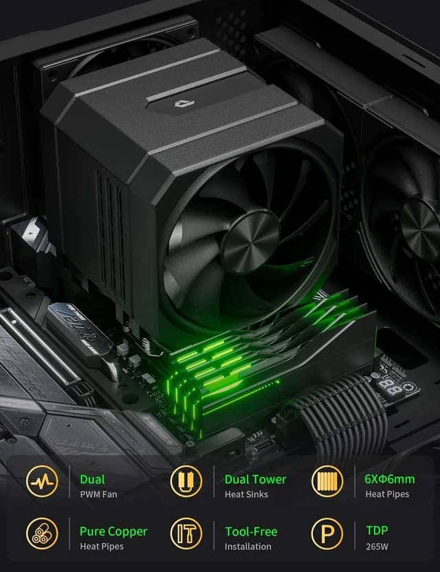 Alt view image 12 of 14 - CPU Air Cooler with 6X6mm Heat Pipes,Dual 120mm Fan CPU Cooler 1600rmp,CPU Cooler AMD AM5/AM4/AM3 Series,CPU Air Cooler 6.22 Height Compatible with Intel LGA 1851/1700/1155/1156/2011/2066(Black)