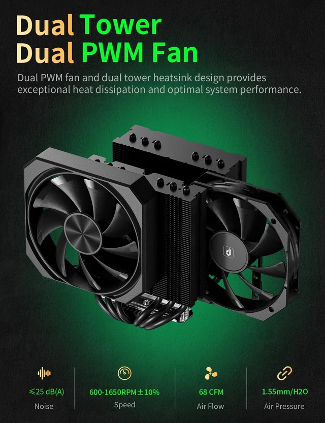 Alt view image 13 of 14 - CPU Air Cooler with 6X6mm Heat Pipes,Dual 120mm Fan CPU Cooler 1600rmp,CPU Cooler AMD AM5/AM4/AM3 Series,CPU Air Cooler 6.22 Height Compatible with Intel LGA 1851/1700/1155/1156/2011/2066(Black)
