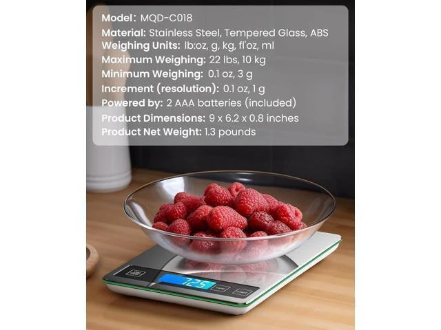 Alt view image 14 of 14 - Food Scale 22lb Digital Kitchen Scale Weight Grams and oz for Cooking Baking 1g/0.1oz Precise Graduation Stainless Steel and Tempered Glass