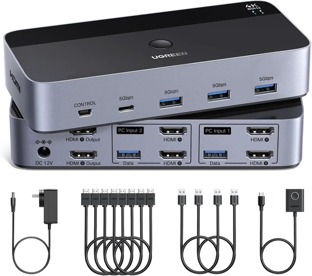 Alt view image 8 of 14 - UGREEN HDMI KVM Switch 2 Monitors 2 Computers 4K@60Hz, with 4 USB 3.0 Ports,for 2 Computers Sharing 2 Monitors Keyboard Mouse Printer Webcam, with 4 HDMI + 2 USB Cables, Power Adapter and Controller