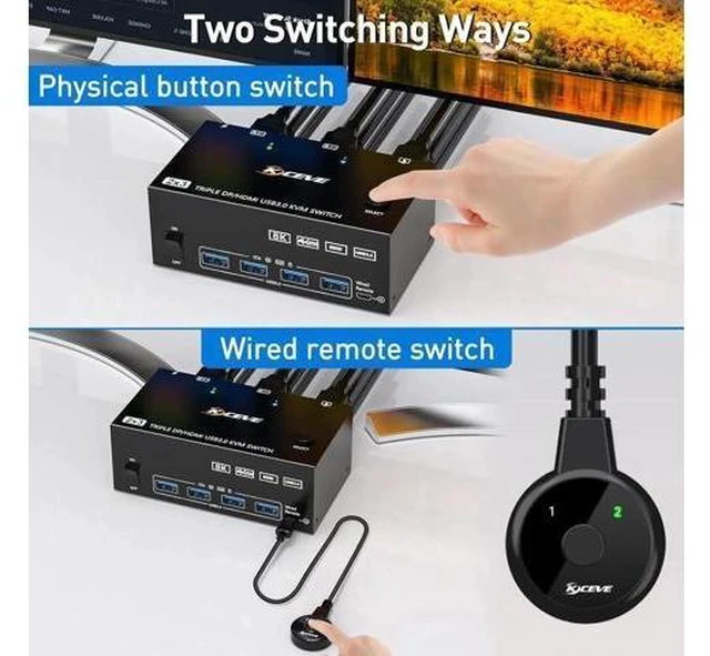 Alt view image 12 of 12 - AomoproiTriple Monitors KVM Switch 2 Displayport + HDMI USB 3.0 KVM Switch 8K@60Hz,4K@144Hz 3 Monitors 2 Computers KVM with 4 USB 3.0 Ports Included KVM Cables,HDMI 8K@60Hz/4K@60Hz,DP 8K@30Hz/4K@144Hz