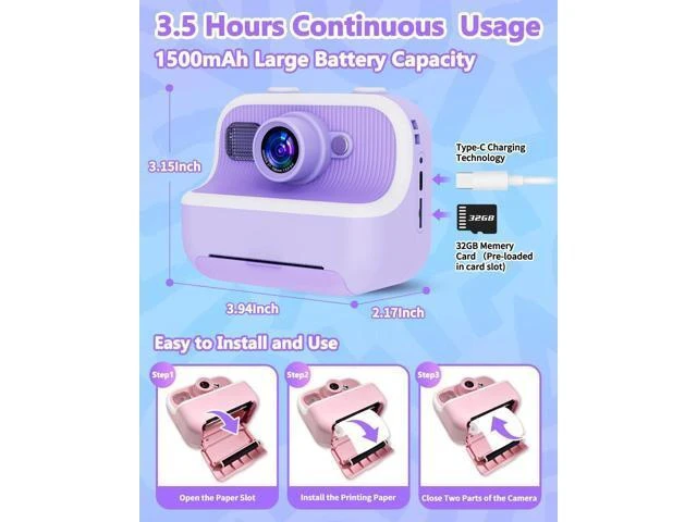 Alt view image 14 of 14 - Instant Print Camera for Kids, Christmas Birthday Gifts for Girls Boys, Kids Camera Instant Print with Dual Camera 1080P Digital Camera Toys for 4 5 6 7 8 9 10 Year Old Girl with 32GB SD Card-Purple