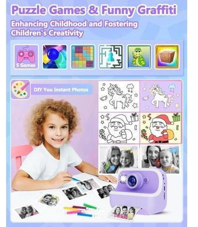 Alt view image 12 of 14 - Instant Print Camera for Kids, Christmas Birthday Gifts for Girls Boys, Kids Camera Instant Print with Dual Camera 1080P Digital Camera Toys for 4 5 6 7 8 9 10 Year Old Girl with 32GB SD Card-Purple