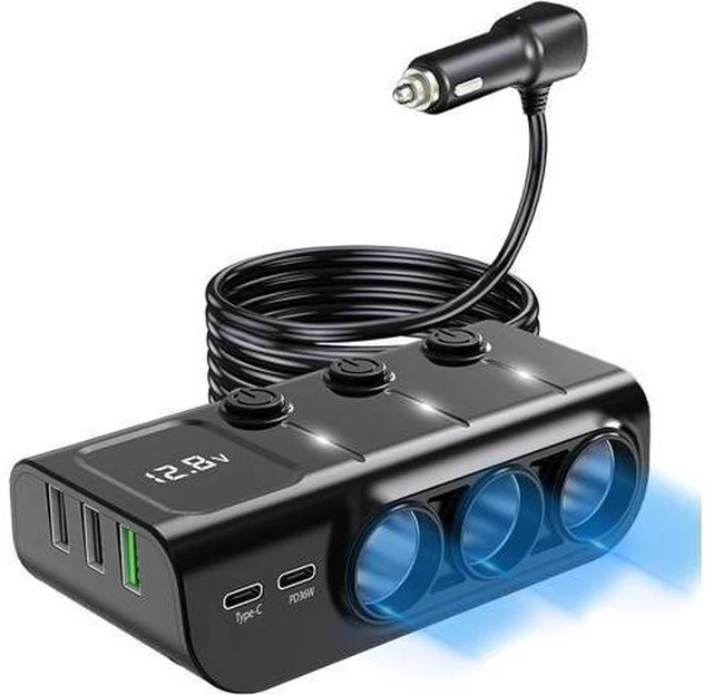 Alt view image 8 of 14 - 8-in-1 Cigarette Lighter Splitter, 3-Socket Car Charger Adapter, Type-C QC3.0 PD36W Dual USB Charger Ports, Car 12V / 24V Plug Socket with Individual Switch, LED Voltmeter (3.3FT Cable)