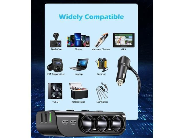 Alt view image 14 of 14 - 8-in-1 Cigarette Lighter Splitter, 3-Socket Car Charger Adapter, Type-C QC3.0 PD36W Dual USB Charger Ports, Car 12V / 24V Plug Socket with Individual Switch, LED Voltmeter (3.3FT Cable)