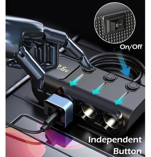 Alt view image 12 of 14 - 8-in-1 Cigarette Lighter Splitter, 3-Socket Car Charger Adapter, Type-C QC3.0 PD36W Dual USB Charger Ports, Car 12V / 24V Plug Socket with Individual Switch, LED Voltmeter (3.3FT Cable)