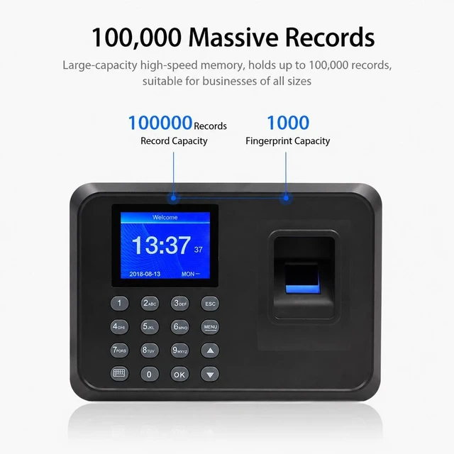 Alt view image 11 of 14 - Fingerprint Time Clock for Employees - Biometric Attendance System with LCD Display, Supports 1000+ Users, USB/Ethernet Data Export for Payroll, No Monthly Fee