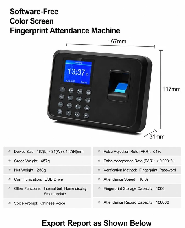 Alt view image 10 of 14 - Fingerprint Time Clock for Employees - Biometric Attendance System with LCD Display, Supports 1000+ Users, USB/Ethernet Data Export for Payroll, No Monthly Fee