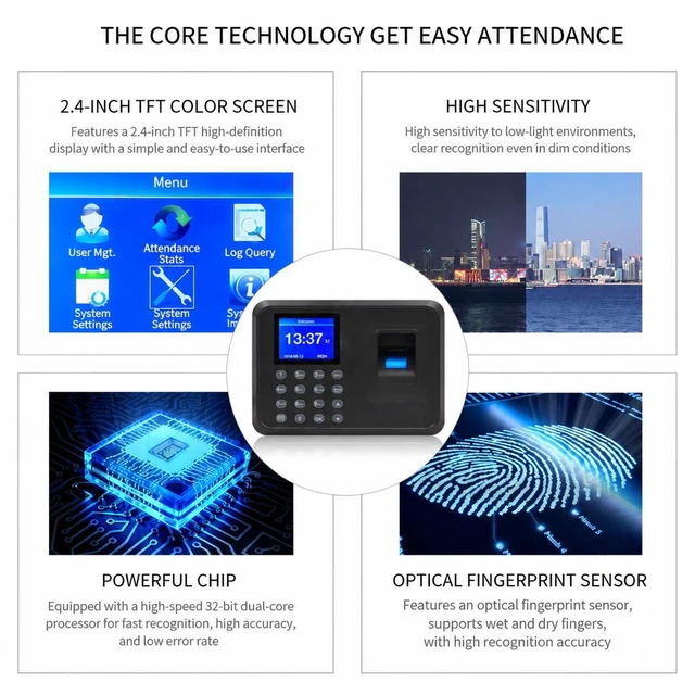 Alt view image 9 of 14 - Fingerprint Time Clock for Employees - Biometric Attendance System with LCD Display, Supports 1000+ Users, USB/Ethernet Data Export for Payroll, No Monthly Fee