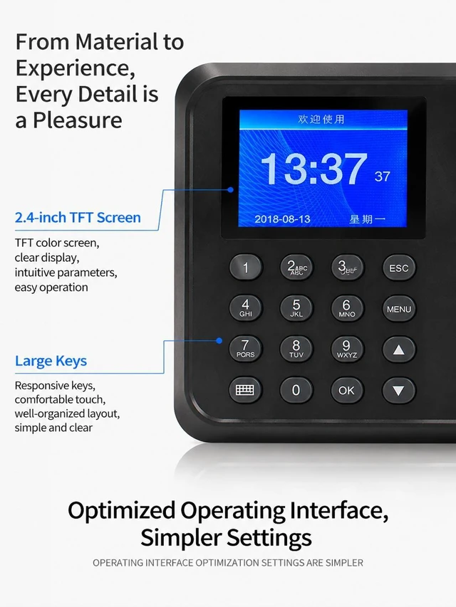Alt view image 13 of 14 - Fingerprint Time Clock for Employees - Biometric Attendance System with LCD Display, Supports 1000+ Users, USB/Ethernet Data Export for Payroll, No Monthly Fee
