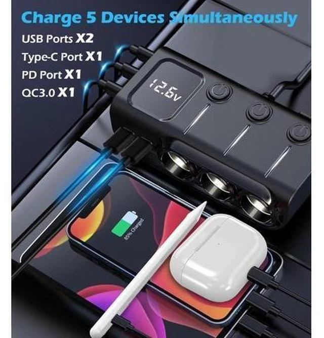 Alt view image 9 of 14 - 8-in-1 Cigarette Lighter Splitter, 3-Socket Car Charger Adapter, Type-C QC3.0 PD36W Dual USB Charger Ports, Car 12V / 24V Plug Socket with Individual Switch, LED Voltmeter (3.3FT Cable)