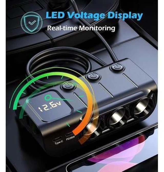 Alt view image 10 of 14 - 8-in-1 Cigarette Lighter Splitter, 3-Socket Car Charger Adapter, Type-C QC3.0 PD36W Dual USB Charger Ports, Car 12V / 24V Plug Socket with Individual Switch, LED Voltmeter (3.3FT Cable)