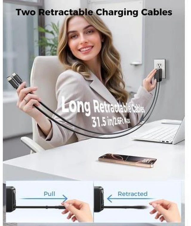 Alt view image 9 of 14 - 62W Retractable Wall Charger with Dual Cables, 3-Port USB Charger Block, 35W iPhone Charger Fast Charging for iPhone 16/15/14/13/12/11 Series, Tablets, LG, Samsung, and more!