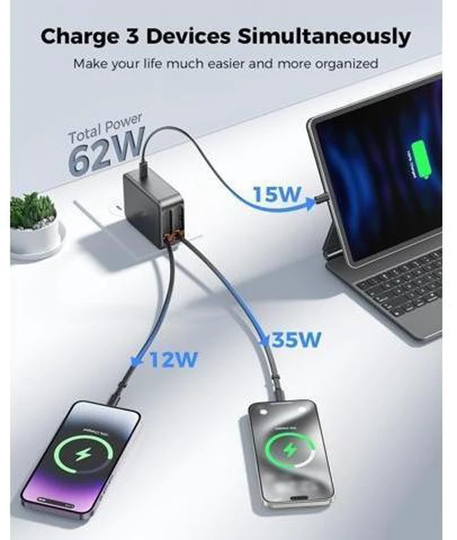 Alt view image 14 of 14 - 62W Retractable Wall Charger with Dual Cables, 3-Port USB Charger Block, 35W iPhone Charger Fast Charging for iPhone 16/15/14/13/12/11 Series, Tablets, LG, Samsung, and more!