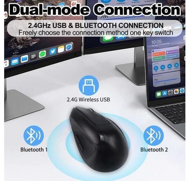 Alt view image 10 of 10 - Wireless Ergonomic Bluetooth Mouse, Vertical Dual Mode Rechargeable Silent Portable Optical Mice, with USB Receiver for PC/Laptop/Tablet, Office Worker Teacher Student Gift,Reduce Wrist PainBlack