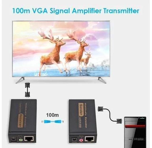 Alt view image 7 of 10 - 100M 328ft VGA Video Audio Extender Over Single RJ45 CAT5e/6 1080P Network Extension adpater Lightning protection