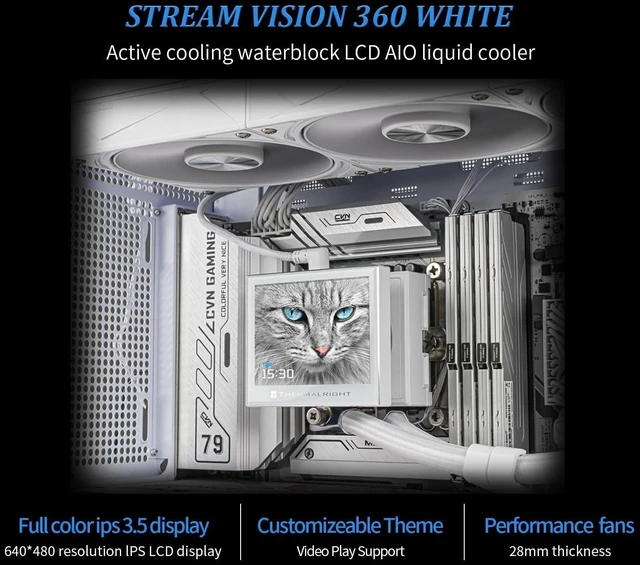 Alt view image 10 of 14 - Stream Vision 360 White-360mm AIO CPU Liquid Cooler,3.5Square LCD Display for Images,Magnetic Suction High-Performance Pump for 640x480 Resolution with Embedded Fan,for AM5/lga1851/1700