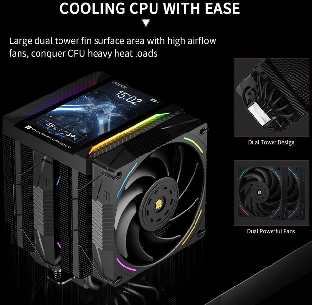 Alt view image 9 of 14 - Peerless Assassin 120 Vision MAX ARGB Black CPU Air Cooler, Twin Tower Radiator 2150RPM,480x854 Resolving Power IPS Screen with 5,Computer Cooler for Intel lga1851/1700/115x,AM4/AM5