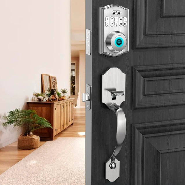 Alt view image 2 of 7 - Miko i9 Keypad Door Lock with Handle Set Fingerprint Keyless Entry Front Door Lock, Electronic Deadbolt with Lever Handle for Exterior Door, Auto-Lock, 100 Fingerprints and Codes