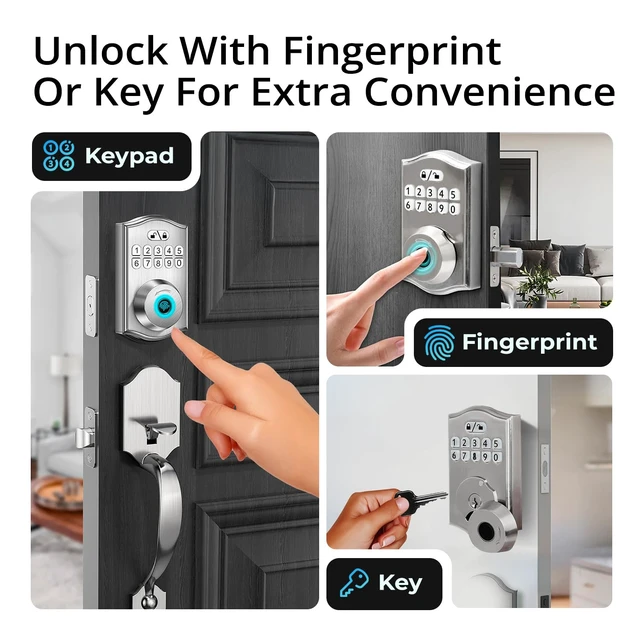 Alt view image 3 of 7 - Miko i9 Keypad Door Lock with Handle Set Fingerprint Keyless Entry Front Door Lock, Electronic Deadbolt with Lever Handle for Exterior Door, Auto-Lock, 100 Fingerprints and Codes