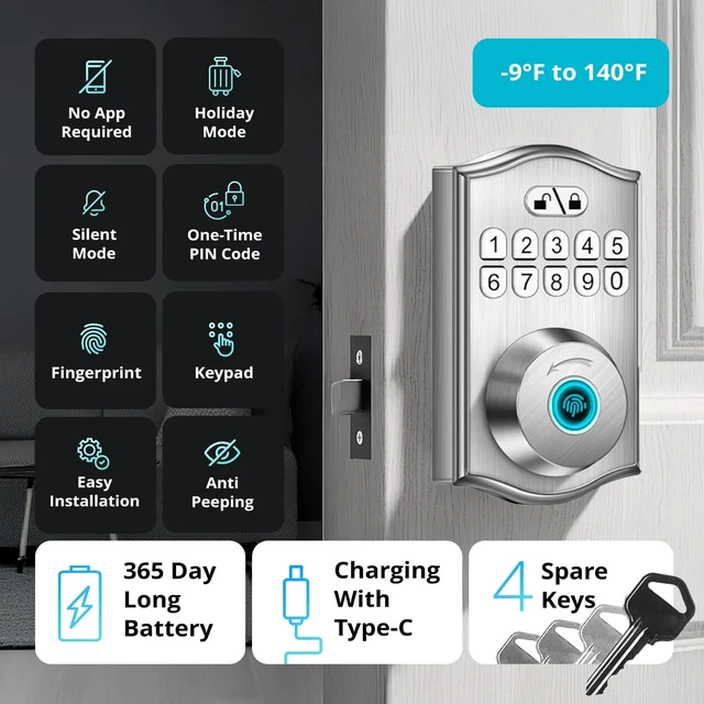 Alt view image 4 of 7 - Miko i9 Keypad Door Lock with Handle Set Fingerprint Keyless Entry Front Door Lock, Electronic Deadbolt with Lever Handle for Exterior Door, Auto-Lock, 100 Fingerprints and Codes