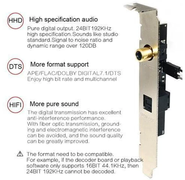 Alt view image 9 of 12 - 24Bit 192KHz Daughter Card SPDIF Optical Fiber Coaxial Digital Sound Card Baffle Black
