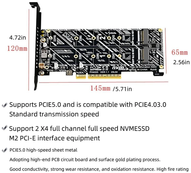 Alt view image 14 of 14 - PCIe 5.0 x8 to Dual M.2 M Key SSD Adapter Card Compatible with 2X Full x4 Lane NVMe 2230/2242/2260/2280/22110 SSD, RAID Ready, PCIe 5.0/4.0/3.0 Compatible
