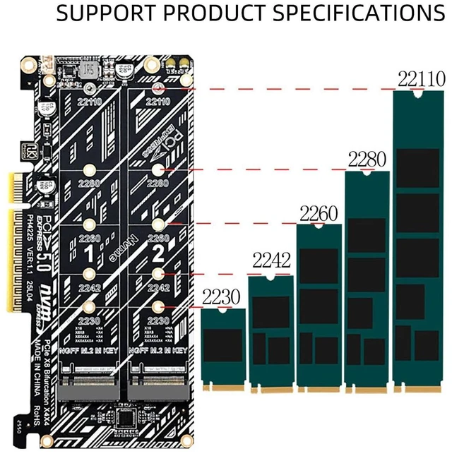 Alt view image 12 of 14 - PCIe 5.0 x8 to Dual M.2 M Key SSD Adapter Card Compatible with 2X Full x4 Lane NVMe 2230/2242/2260/2280/22110 SSD, RAID Ready, PCIe 5.0/4.0/3.0 Compatible