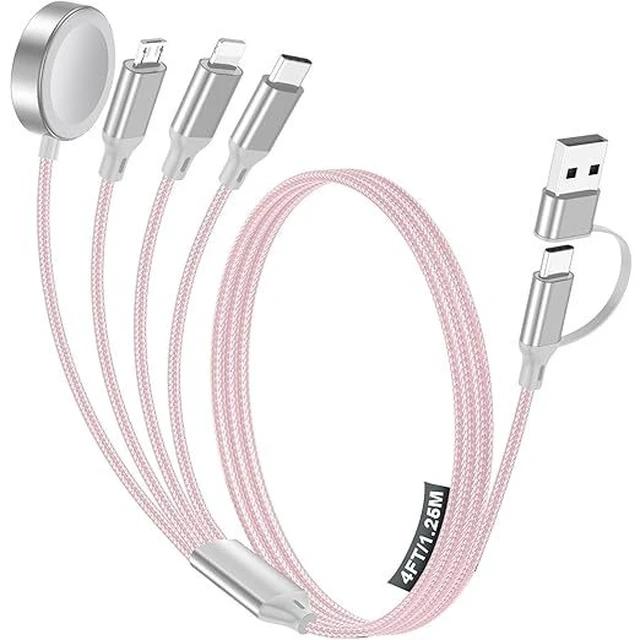 Alt view image 7 of 8 - 4-in-1 Charging Cable with Apple Watch Wireless Charger USB-A & USB-C Dual Input, Micro-USB / Lightning / USB-C Output, 4FT 1.25M Nylon Braided Data Cord for Phone Watch Tablet blue-1.2